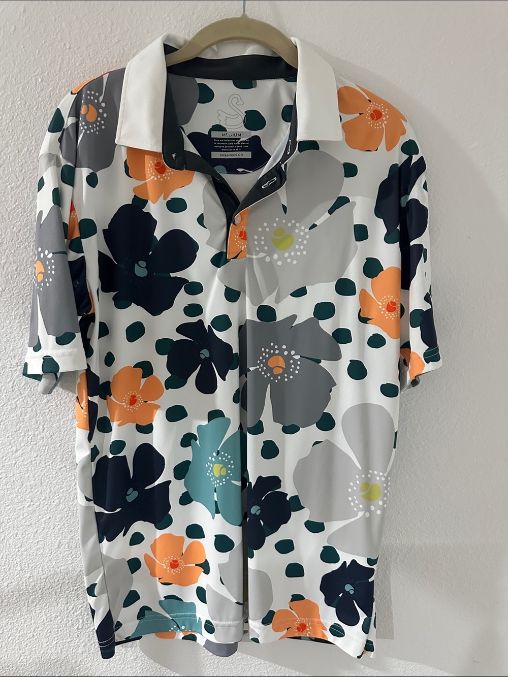Floral Button-Down Golf Shirt in White with Orange, Teal, Gray & Blue Blooms